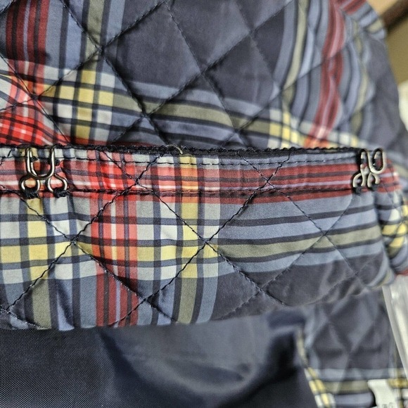 Crown & Ivy Navy Plaid Puffer Quilted Jacket Quilted Zip Front Fringe Pockets L - Picture 3 of 10